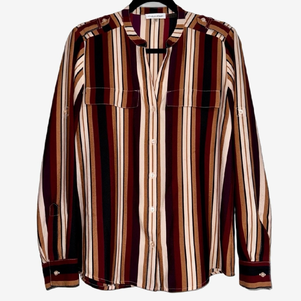 Calvin Klein Women’s Roll Tab Long Sleeve Striped Blouse Size S